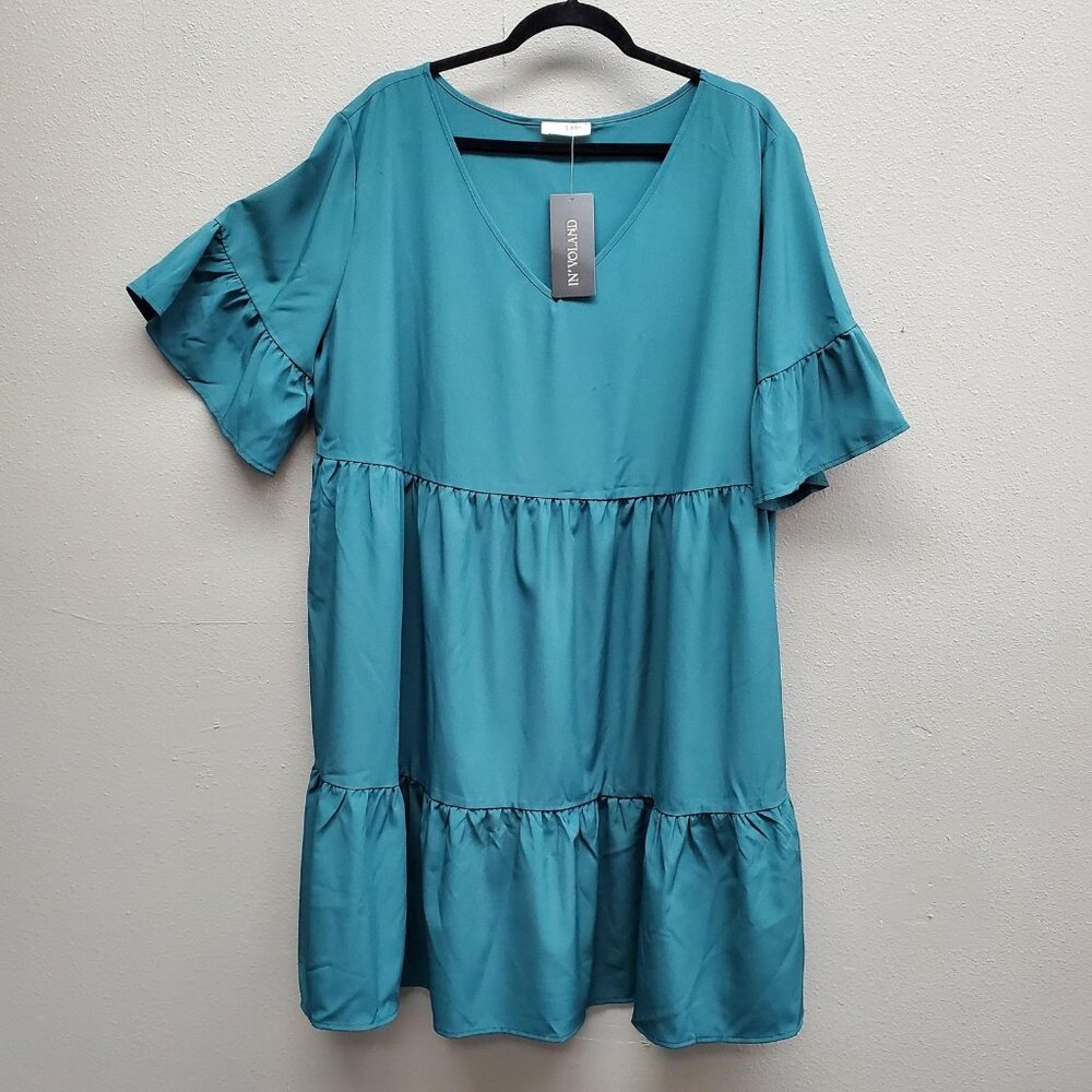 Involand Dress Womens 20W Blue Teal Ruffle Sleeve Tiered Short Casual Plus Size
